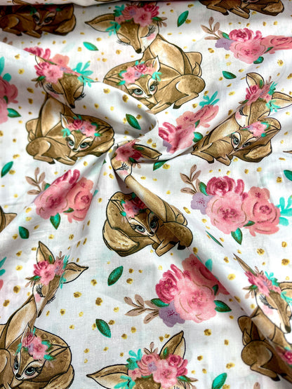 100% Cotton fabric - fawns in flowers 125 g/m²