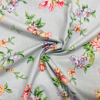 100% Cotton fabric - flowers and light grey 130 g/m²