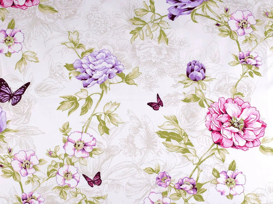 100% cotton fabric with flowers and a butterfly, 125 g/m² – available at Šarlotes audumi