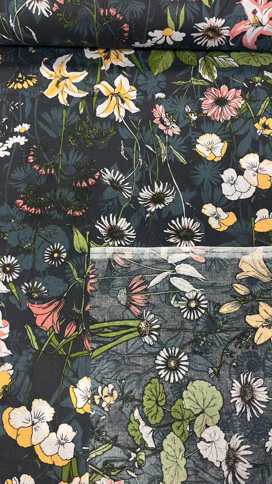 Image of 100% cotton fabric with flowers on a dark background – available online Charlotte's Fabrics