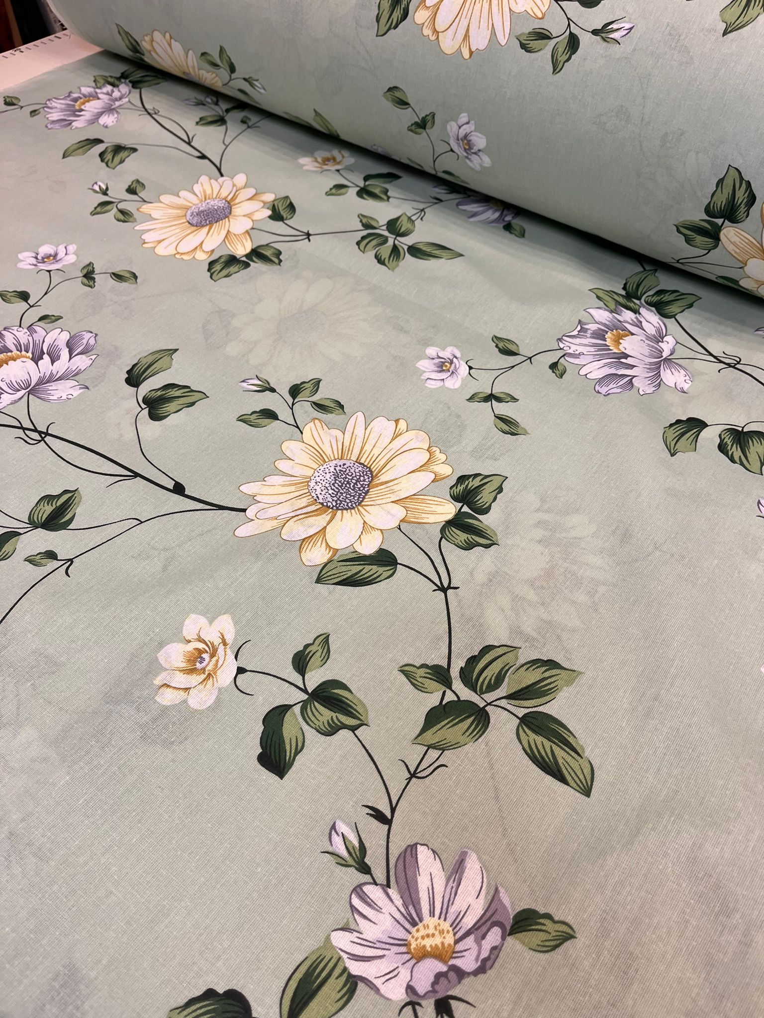 Image of 100% cotton fabric - flower meadow sage green 220cm 130 g/m² – available at Šarlotes audumi