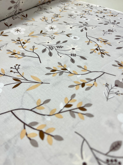 100% tissu en coton - motif floral et feuillage gris 125 g/m²
