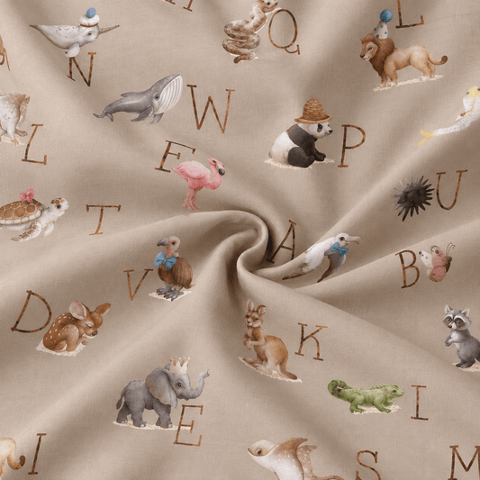Image of 100% cotton flannel with alphabet – available online at Šarlotes audumi