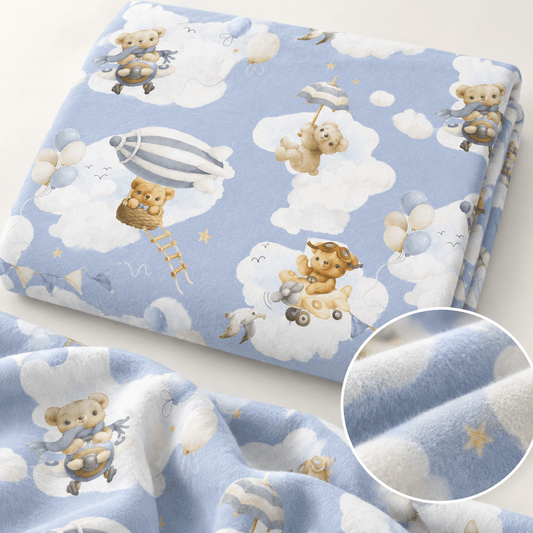 100% cotton flannel with bears on a blue background, available online at Šarlotes audumi