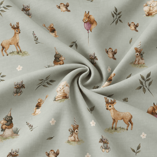 Image of 100% cotton flannel with flowers on a green-gray background – available online at Šarlotes audumi