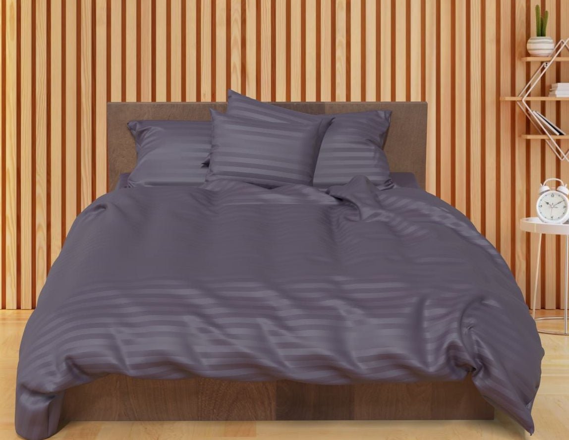 Image of 100% cotton satin with greyish-purple stripes, 220 cm – available online at Šarlotes audumi