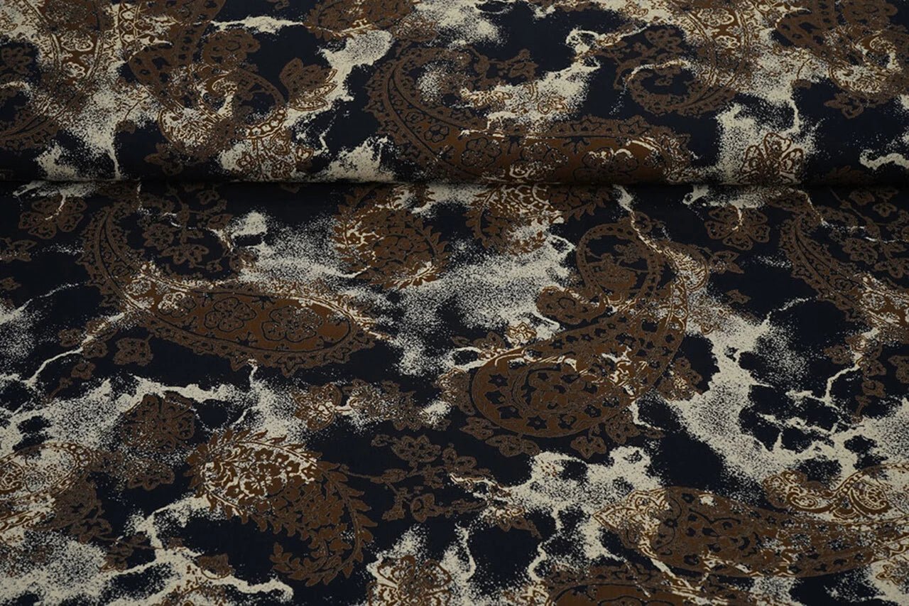 Image of 100% viscose fabric - brown and black pattern 135 g/m² – available at Šarlotes audumi