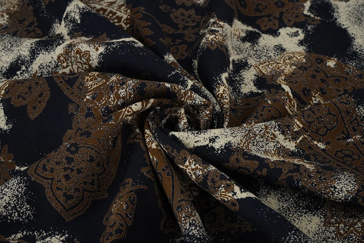 Image of 100% viscose fabric - brown and black pattern 135 g/m² – available at Šarlotes audumi