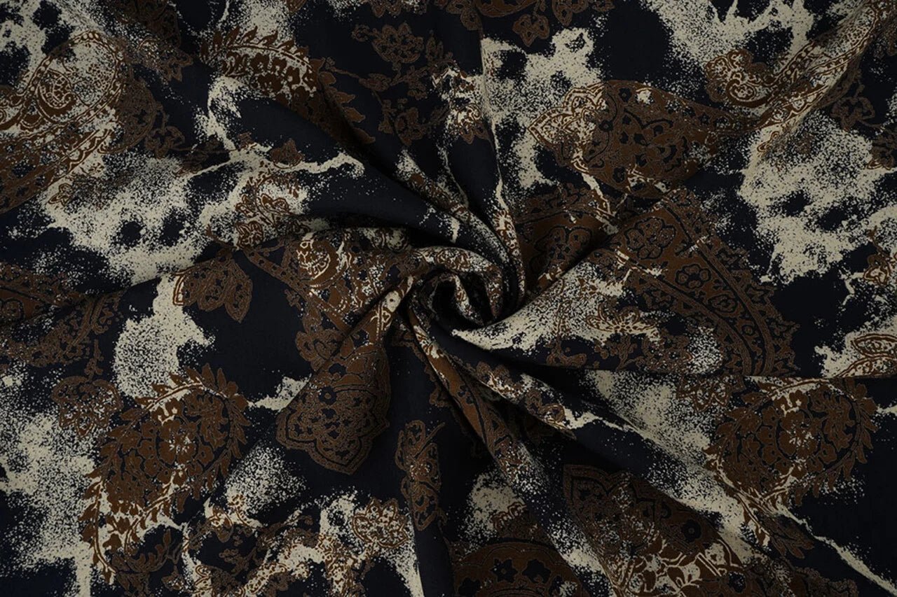 Image of 100% viscose fabric - brown and black pattern 135 g/m² – available at Šarlotes audumi