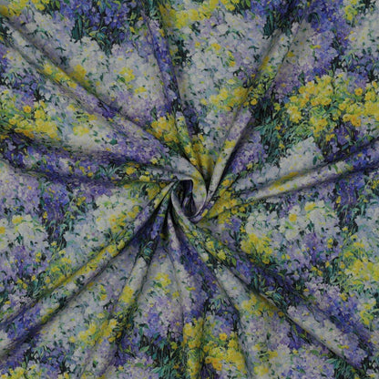 Image of 100% viscose fabric - lilacs and mimosa 135 g/m² – available at Šarlotes audumi