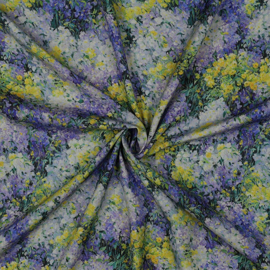Image of 100% viscose fabric - lilacs and mimosa 135 g/m² – available at Šarlotes audumi