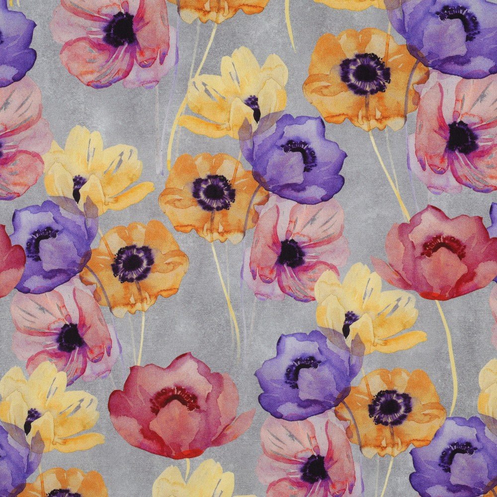 Image with 100% viscose fabric - colorful poppies on a gray background 135 g/m² – available at Charlotte Fabrics