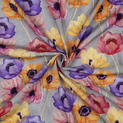 Image of 100% viscose fabric - colorful poppies on a gray background 135 g/m² – available at Šarlotes audumi