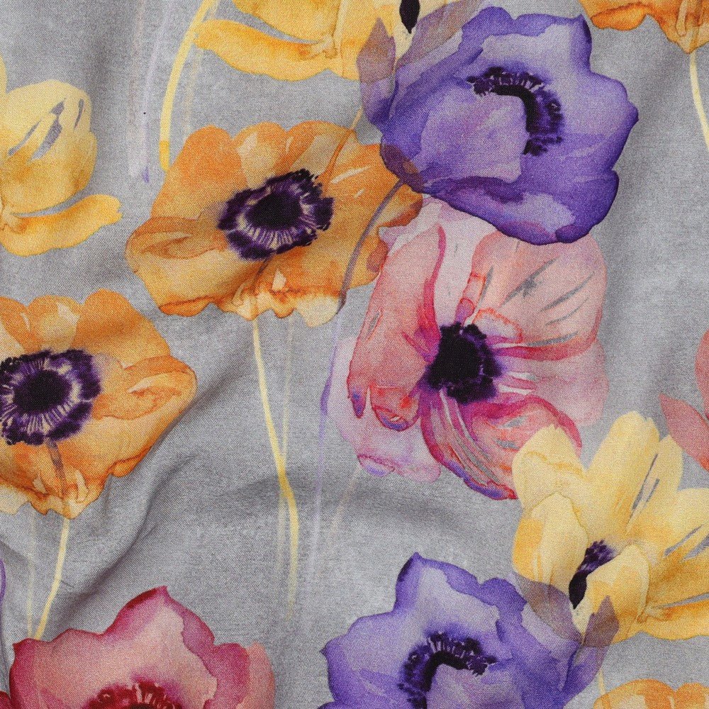 Image of 100% viscose fabric - colorful poppies on a gray background 135 g/m² – available at Charlotte's Fabrics
