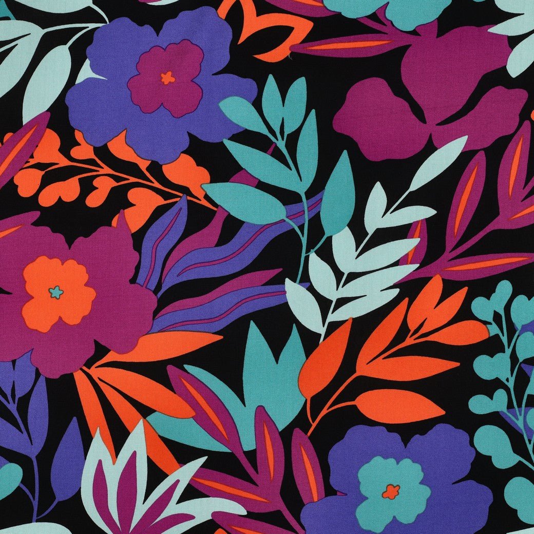 Image of 100% viscose LENZING™ ECOVERO™ fabric with flowers in petrol shades – available online at Šarlotes audumi