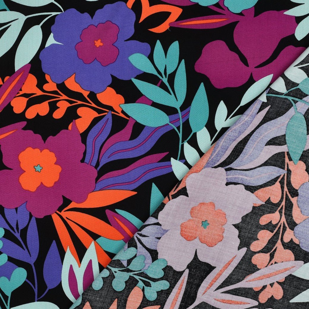 Image of 100% viscose LENZING™ ECOVERO™ fabric with flowers in petrol shades – available online at Šarlotes audumi