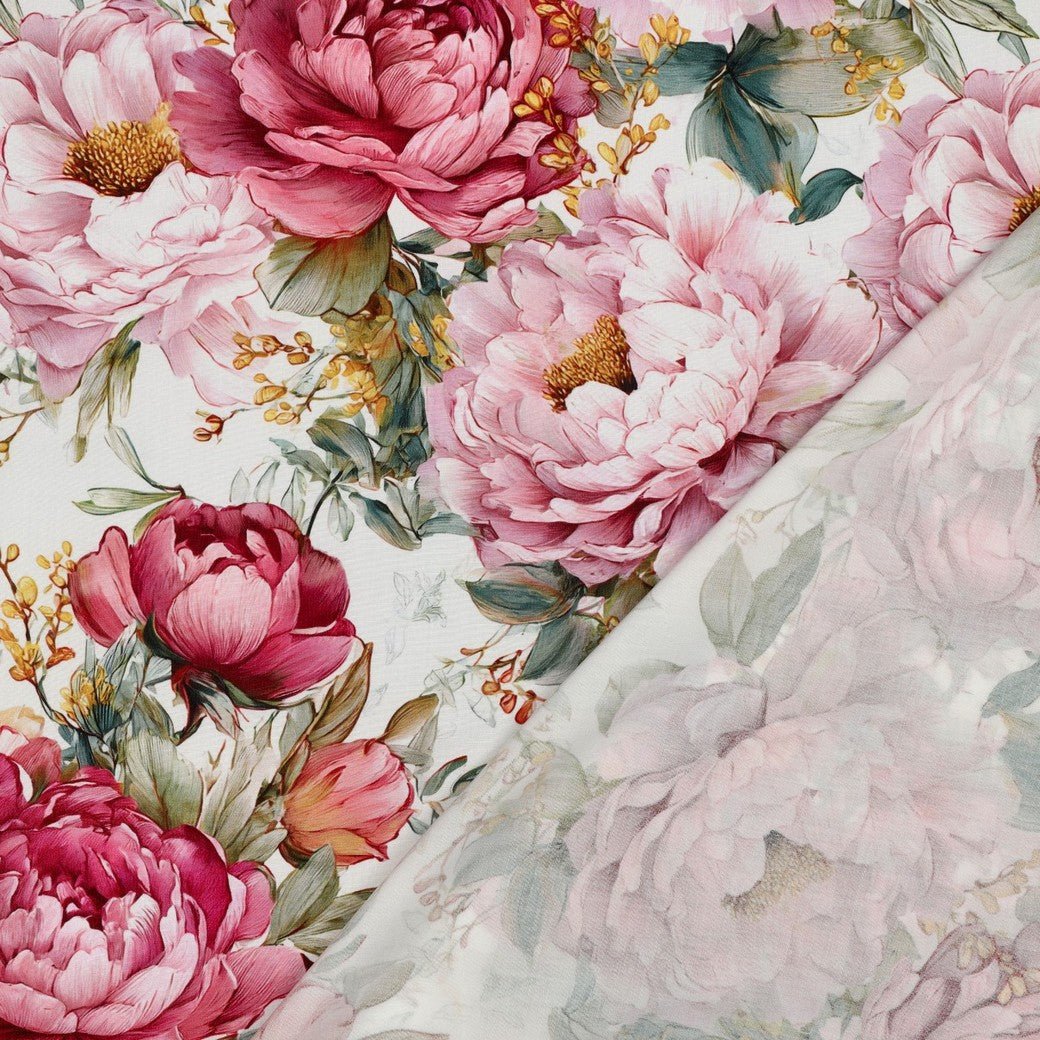 Image of 100% viscose fabric with peonies on white – available online at Charlotte Fabrics