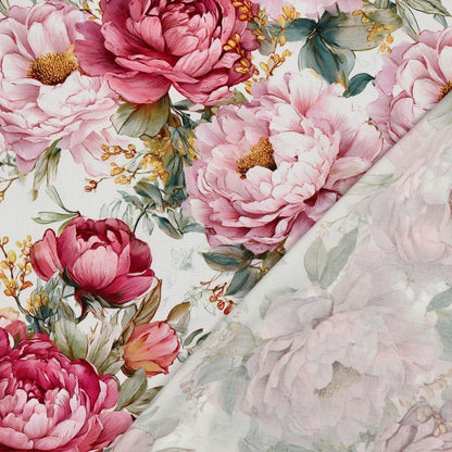 Image of 100% viscose fabric with peonies on white – available online at Charlotte Fabrics