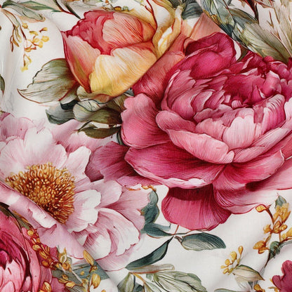 Image of 100% viscose fabric with peonies on white – available online at Charlotte Fabrics