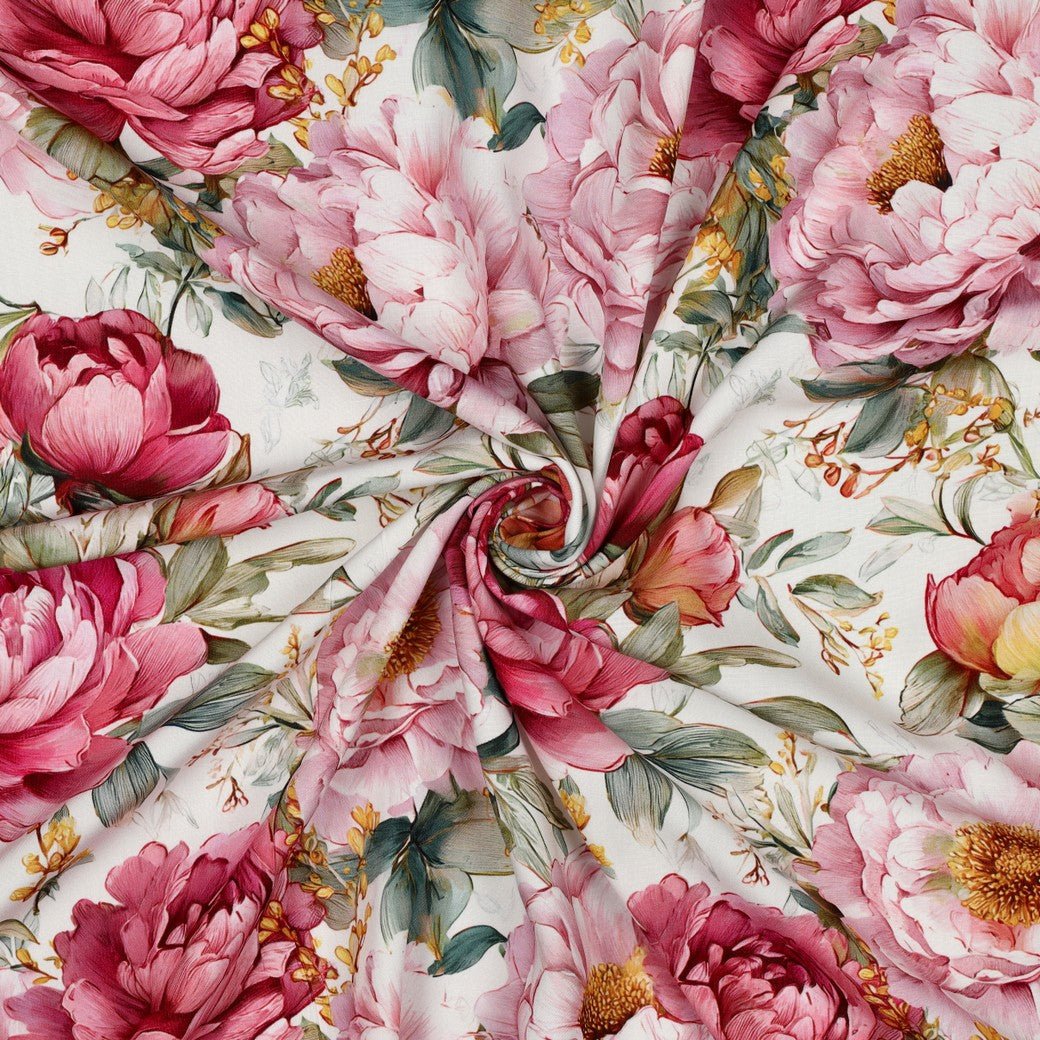 Image of 100% viscose fabric with peonies on white – available online at Charlotte Fabrics