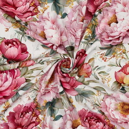 Image of 100% viscose fabric with peonies on white – available online at Charlotte Fabrics