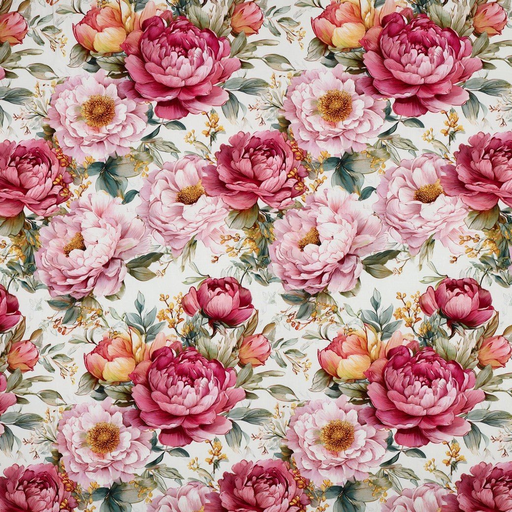 Image of 100% viscose fabric with peonies on white – available online at Charlotte Fabrics