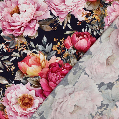 Image of 100% viscose fabric - peonies on black – available online at Šarlotes audumi