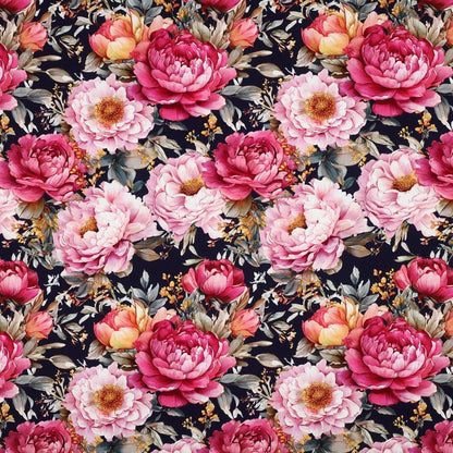 Image of 100% viscose fabric - peonies on black – available online at Šarlotes audumi