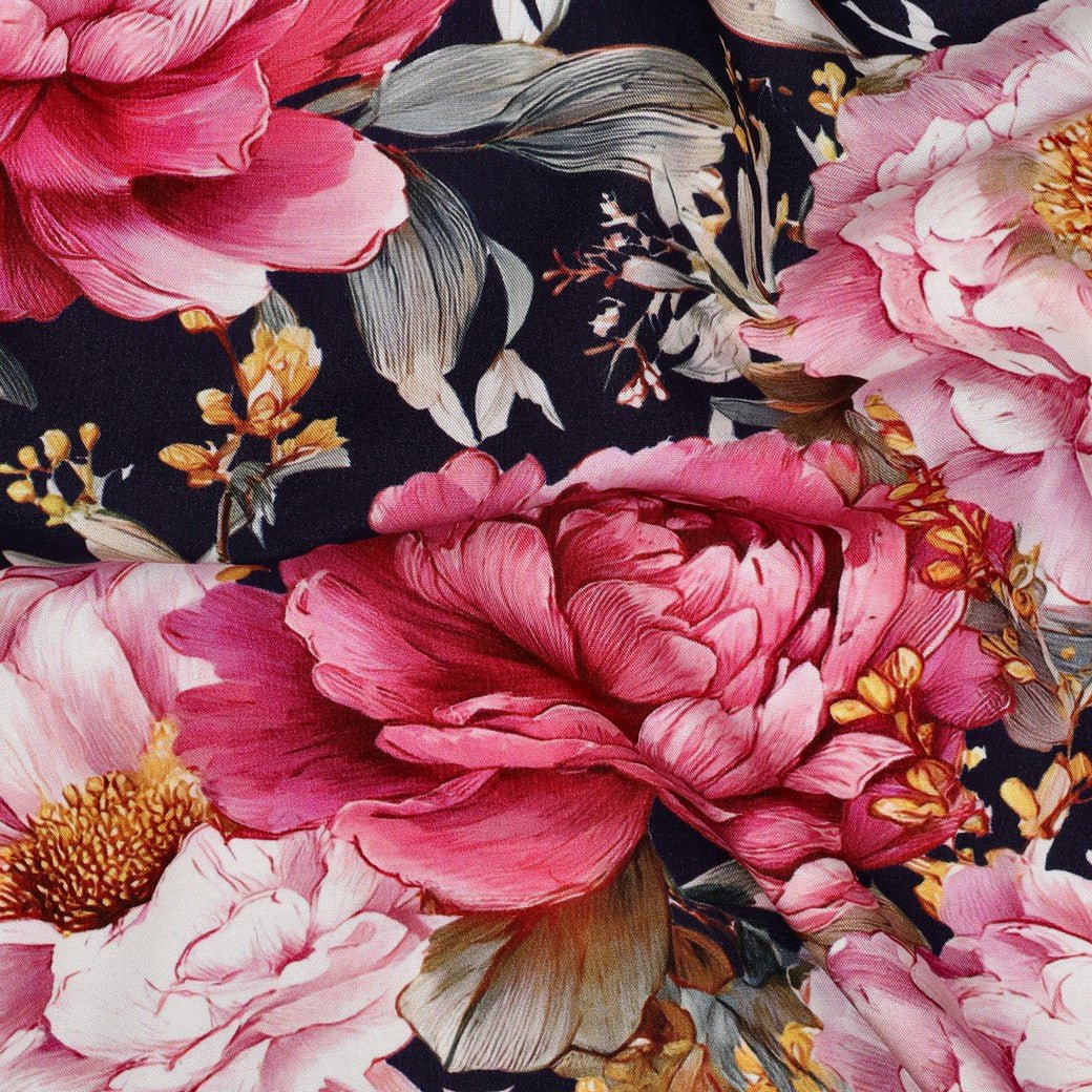 Image of 100% viscose fabric - peonies on black – available online at Šarlotes audumi