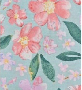 Image with 100% viscose fabric - flowers on a mint background 135 g/m² – available at Šarlotes audumi