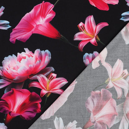 100% Viscose fabric - pink flowers on a black background 110 g/m²