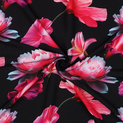 100% viscose fabric - pink flowers on a black background 110 g/m²