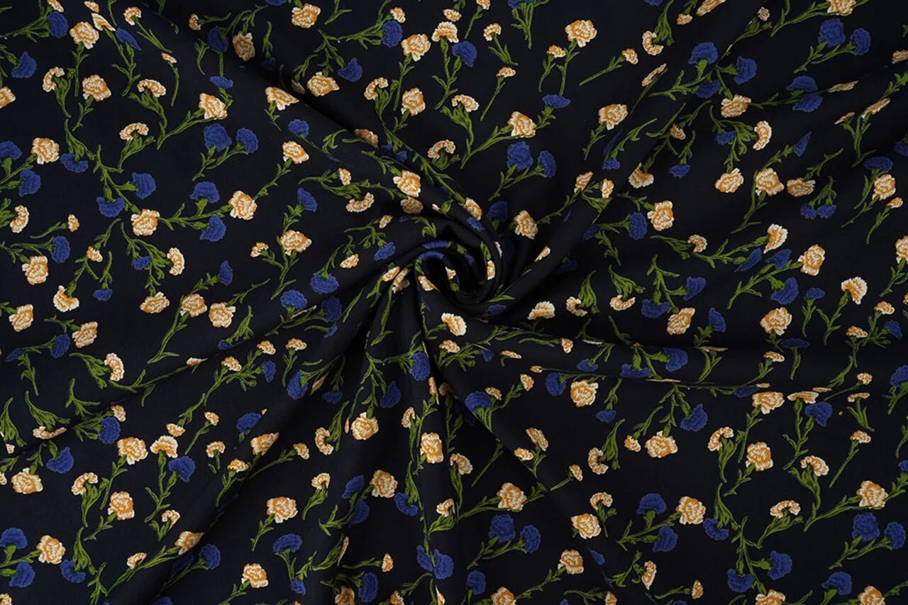 Image of 100% viscose fabric - delicate blue flowers 135 g/m² – available at Šarlotes audumi