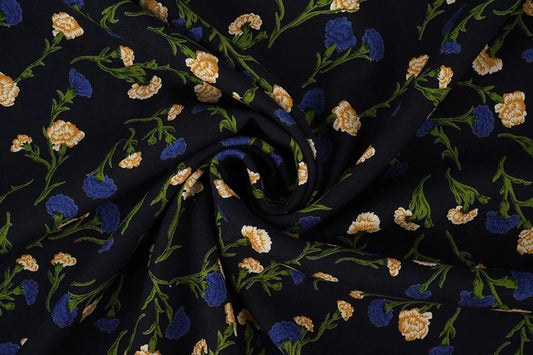 Image of 100% viscose fabric - delicate blue flowers 135 g/m² – available at Šarlotes audumi
