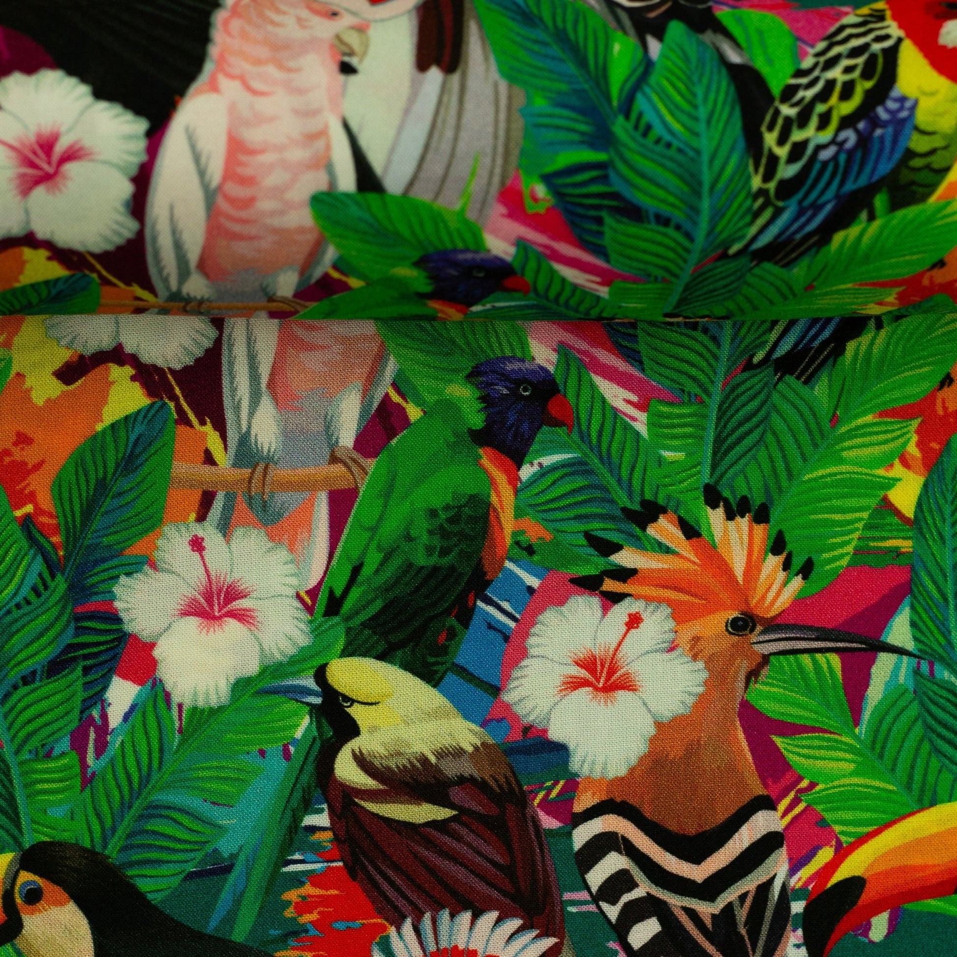 Image with 100% viscose fabric - Tropical Carnival 125 g/m² – available at Šarlotes audumi