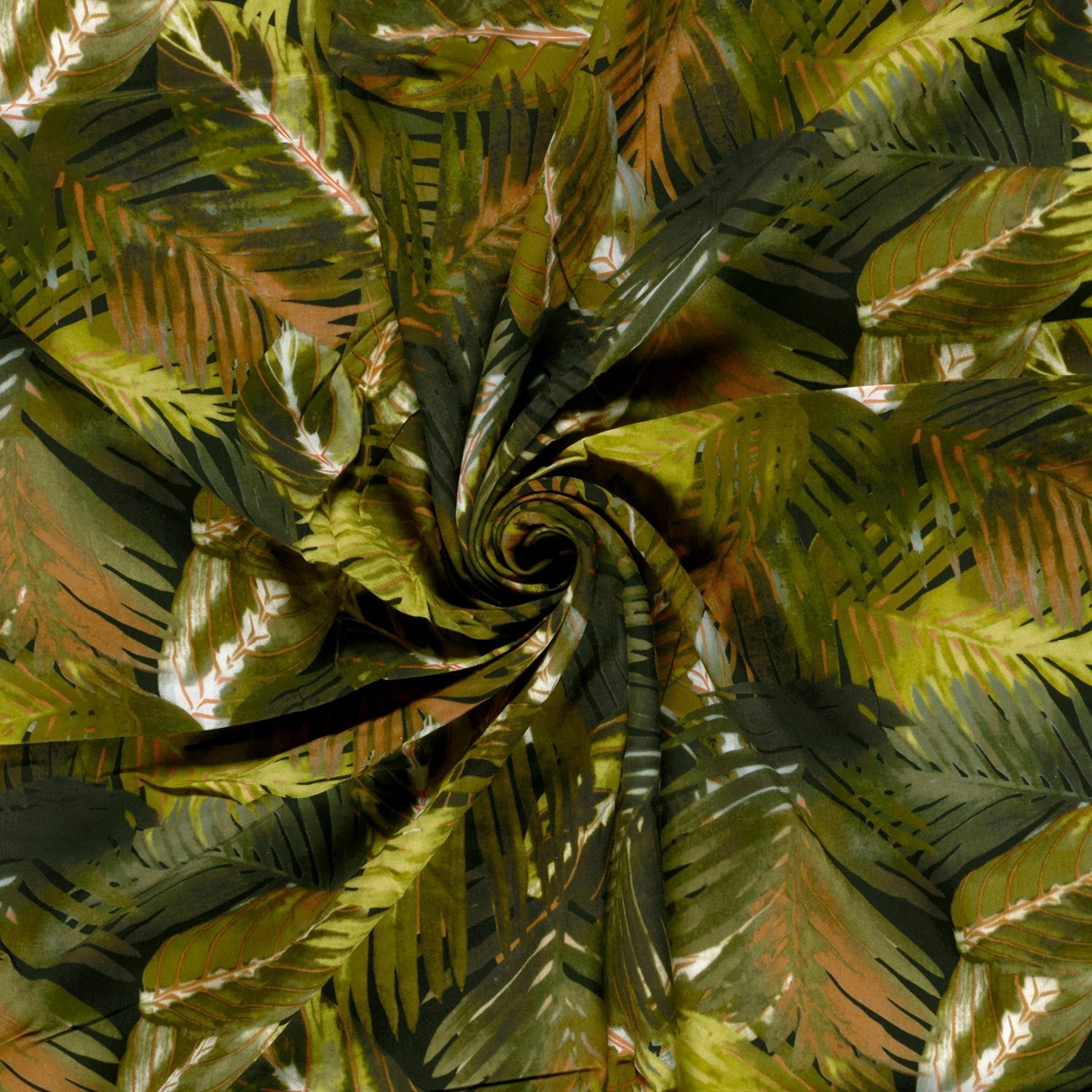Image with 100% viscose fabric - green tropical leaves 125 g/m² – available at Šarlotes audumi