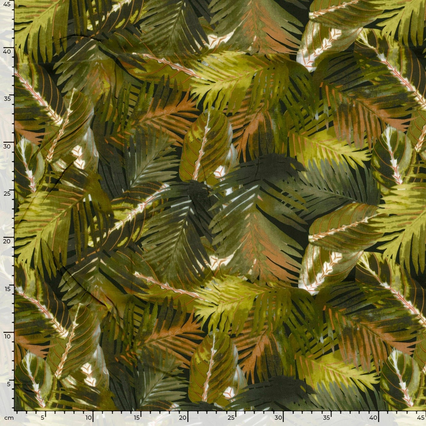 Image with 100% viscose fabric - green tropical leaves 125 g/m² – available at Šarlotes audumi