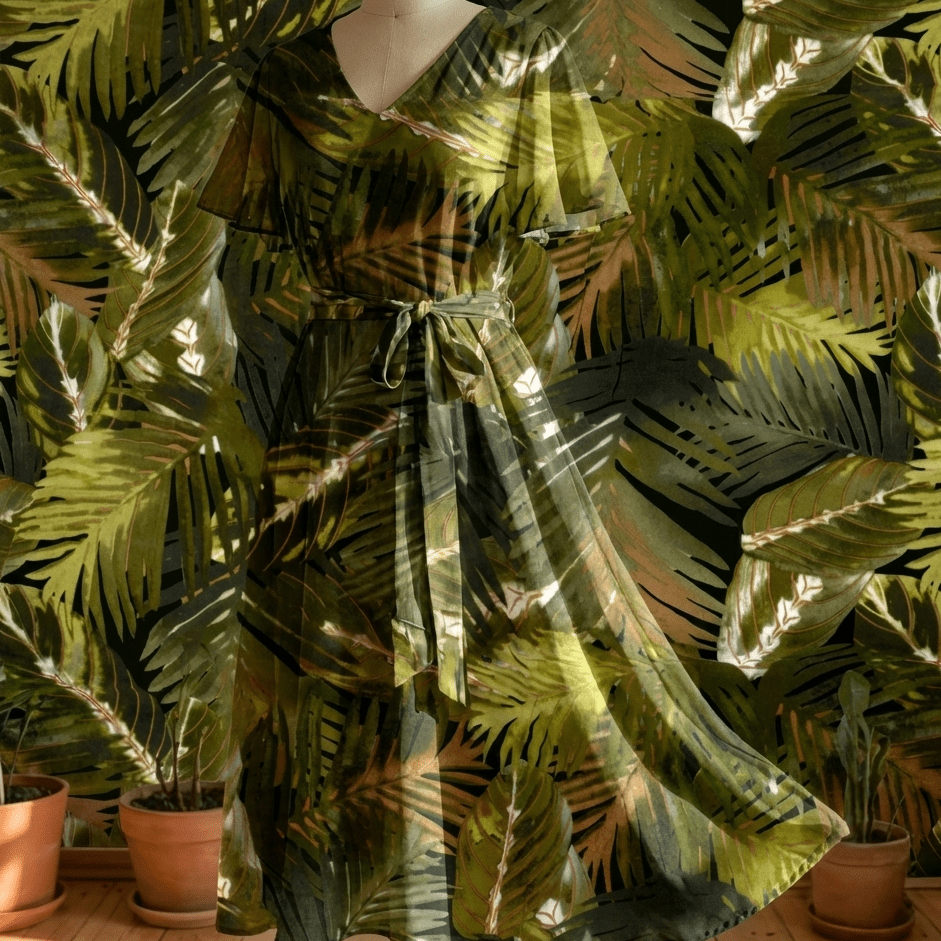 Image with 100% viscose fabric - green tropical leaves 125 g/m² – available at Šarlotes audumi