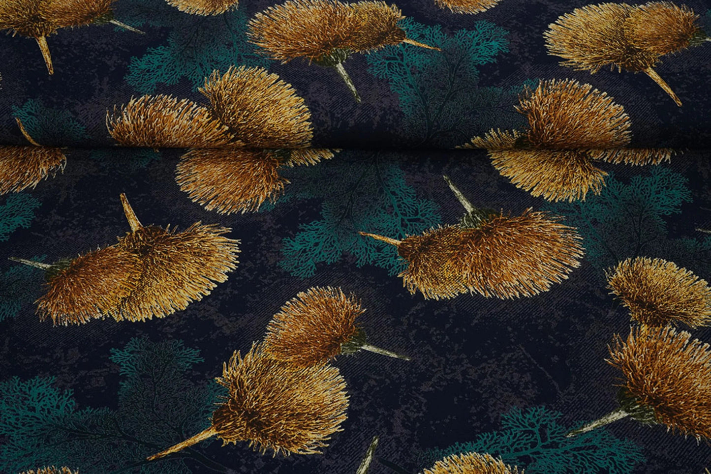 Image with 100% viscose fabric - gold dandelions on a dark blue background 115 g/m² – available at Šarlotes audumi