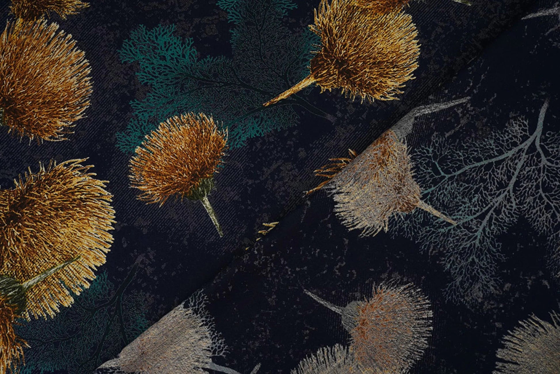 Image with 100% viscose fabric - golden dandelions on a dark blue background 115 g/m² – available at Šarlotes audumi