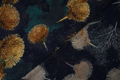 Image with 100% viscose fabric - golden dandelions on a dark blue background 115 g/m² – available at Šarlotes audumi