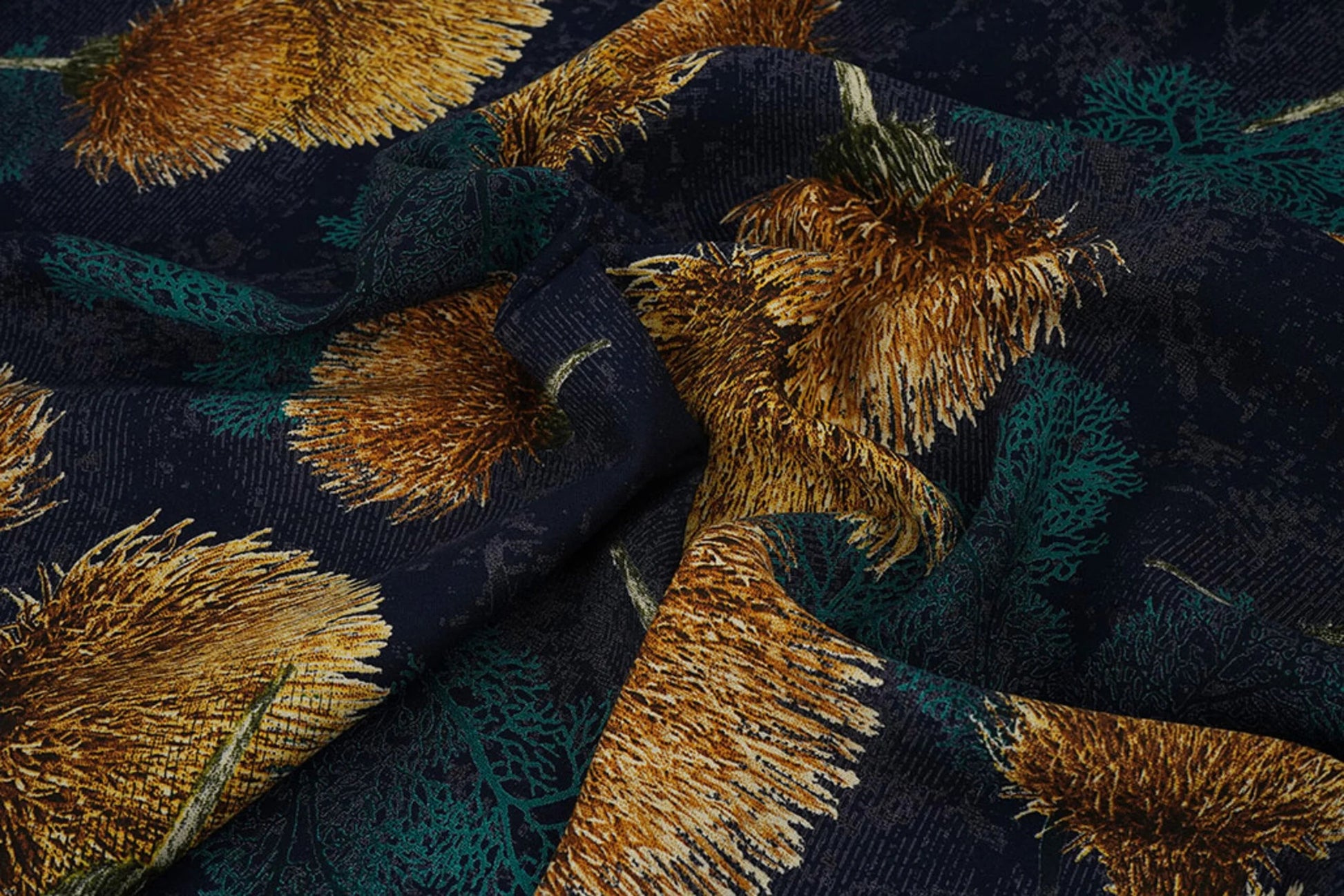 Image of 100% viscose fabric - gold dandelions on a dark blue background 115 g/m² – available at Šarlotes audumi