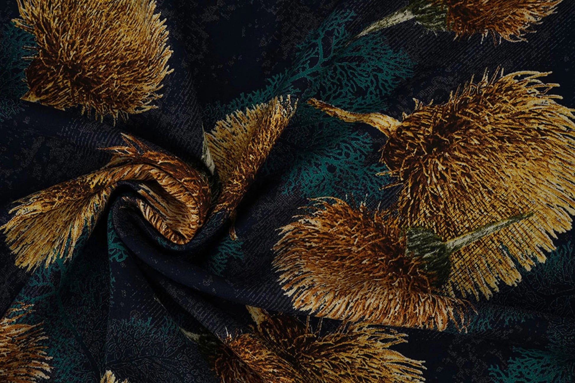 Image with 100% viscose fabric - gold dandelions on a dark blue background 115 g/m² – available at Šarlotes audumi