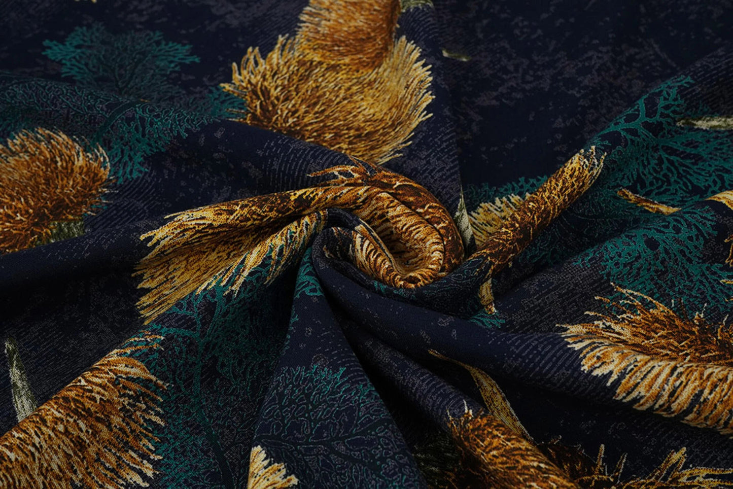 Image with 100% viscose fabric - golden dandelions on a dark blue background 115 g/m² – available at Šarlotes audumi