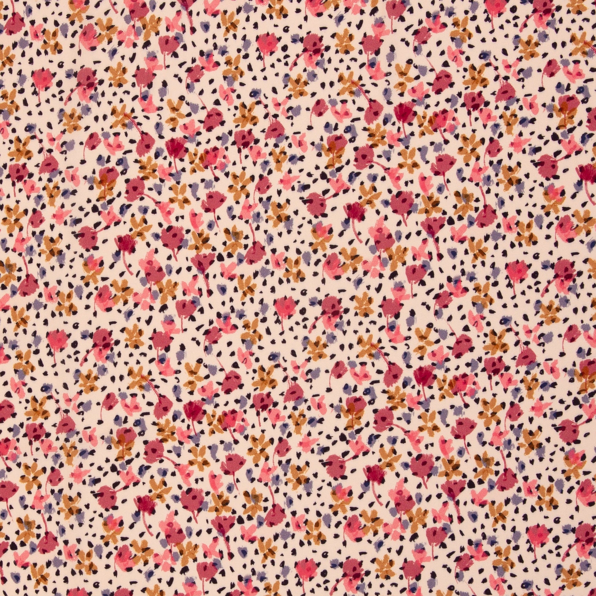 Bild mit 100% Viskose-Stoff – Blumen und Punkte – online erhältlich bei Šarlotes audumi