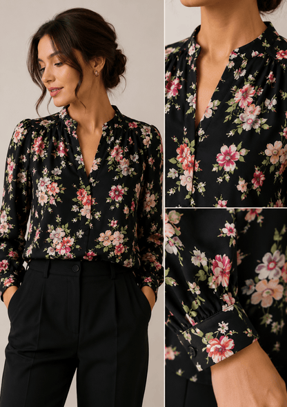 Image of 100% viscose fabric with flowers on black, 100 g/m² – available at Šarlotes audumi
