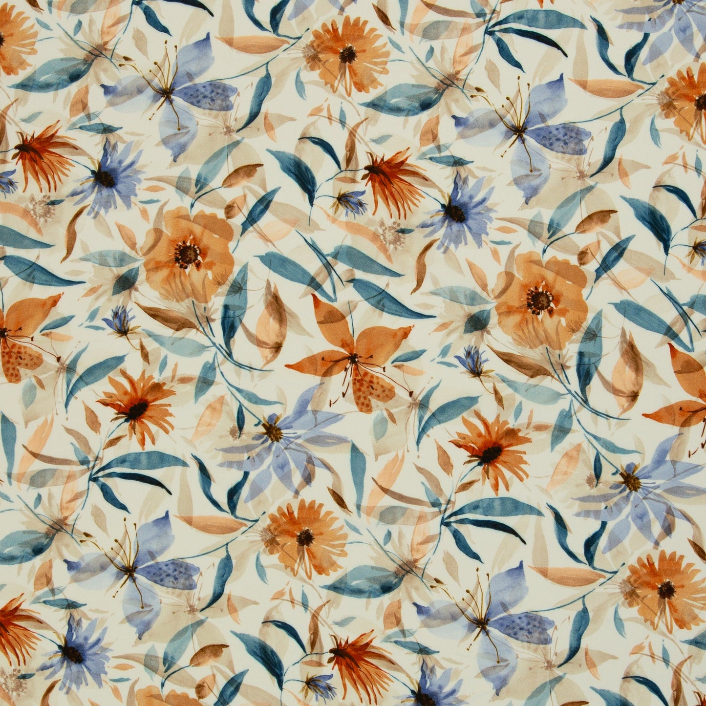 Bild mit 100% Viskose-Stoff – blaues und oranges Blumenmotiv, online erhältlich bei Šarlotes audumi