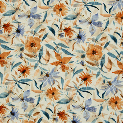 Bild mit 100% Viskose-Stoff – blaues und oranges Blumenmotiv, online erhältlich bei Šarlotes audumi