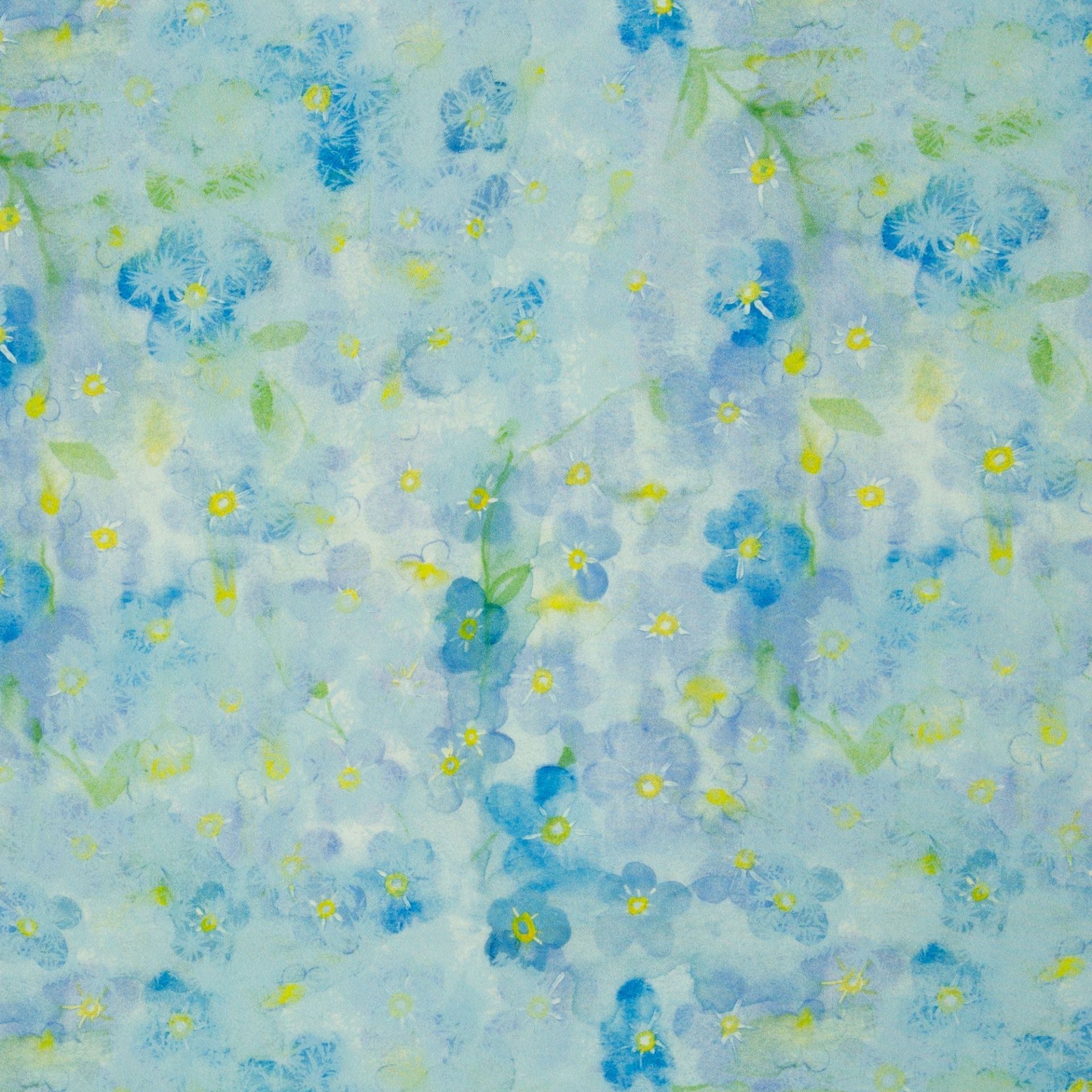 Tissu 100 % viscose, imprimé floral aquarelle bleu, 135 g/m² – disponible en ligne chez Tissus Charlotte