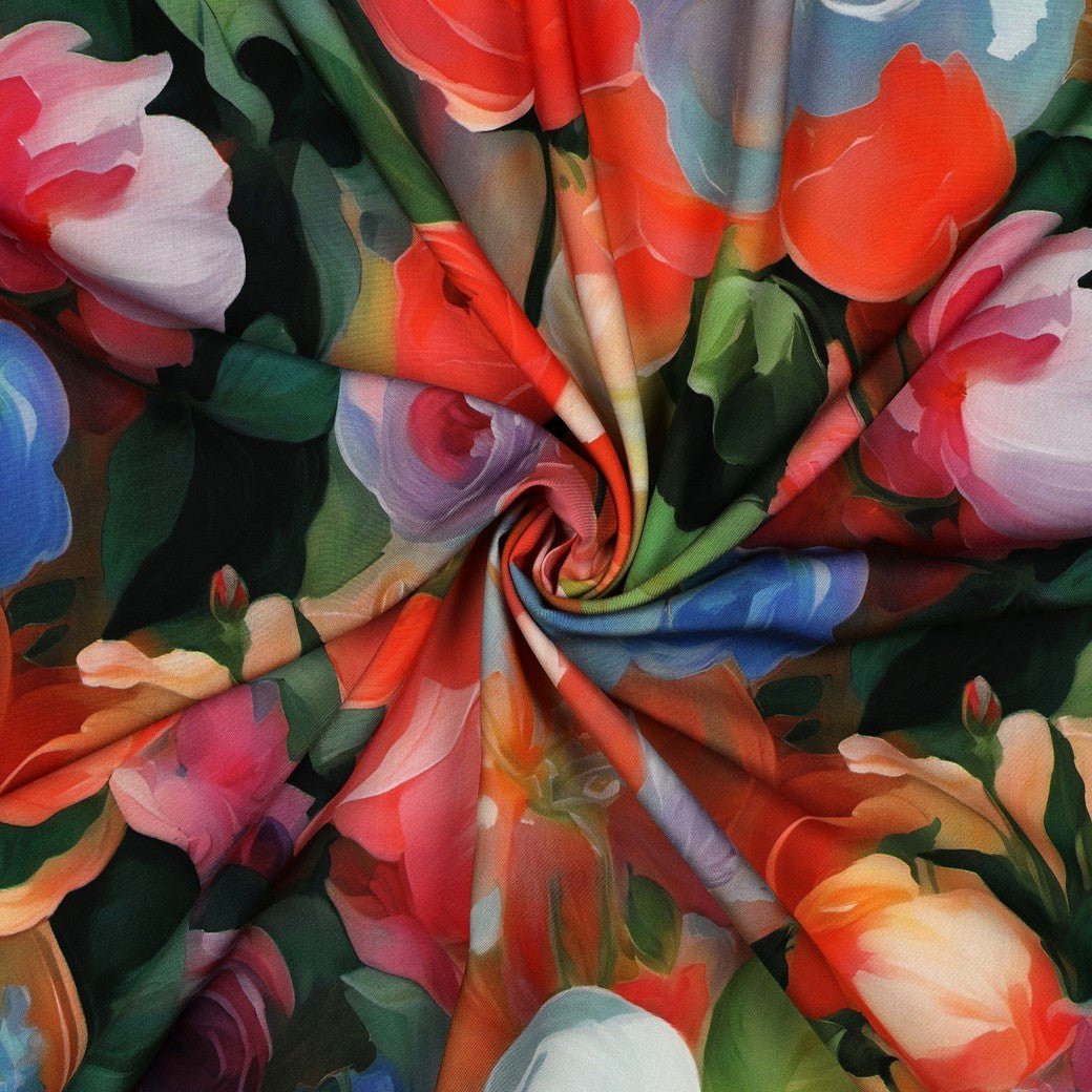 Satin 100 % viscose à motif floral 110 g/m² – disponible chez Šarlotes audumi